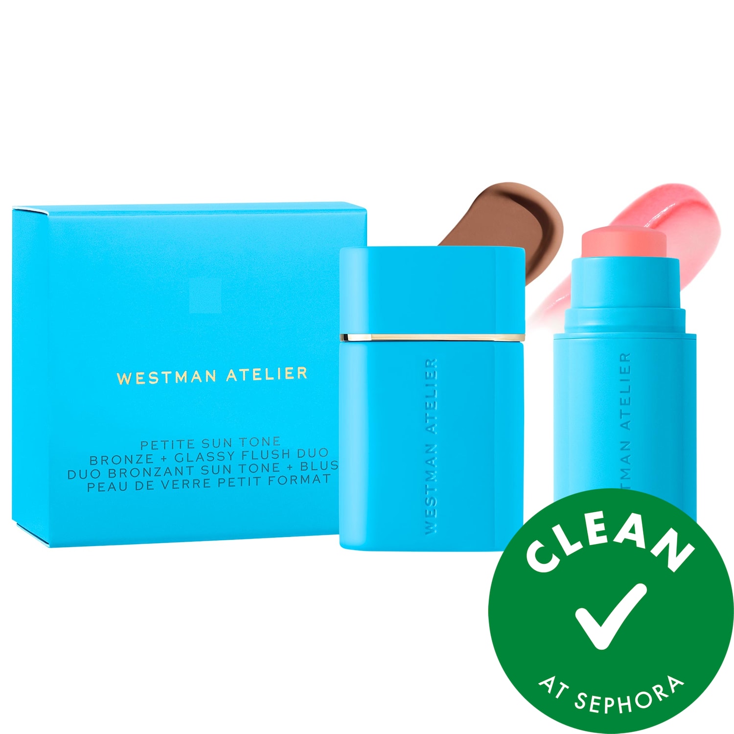 Westman Atelier Mini Sun Tone Bronze + pH Glassy Blush Duo Gift Set in Soleil Parfait 2 (Medium Tan) / Bellini (Coral Flush)
