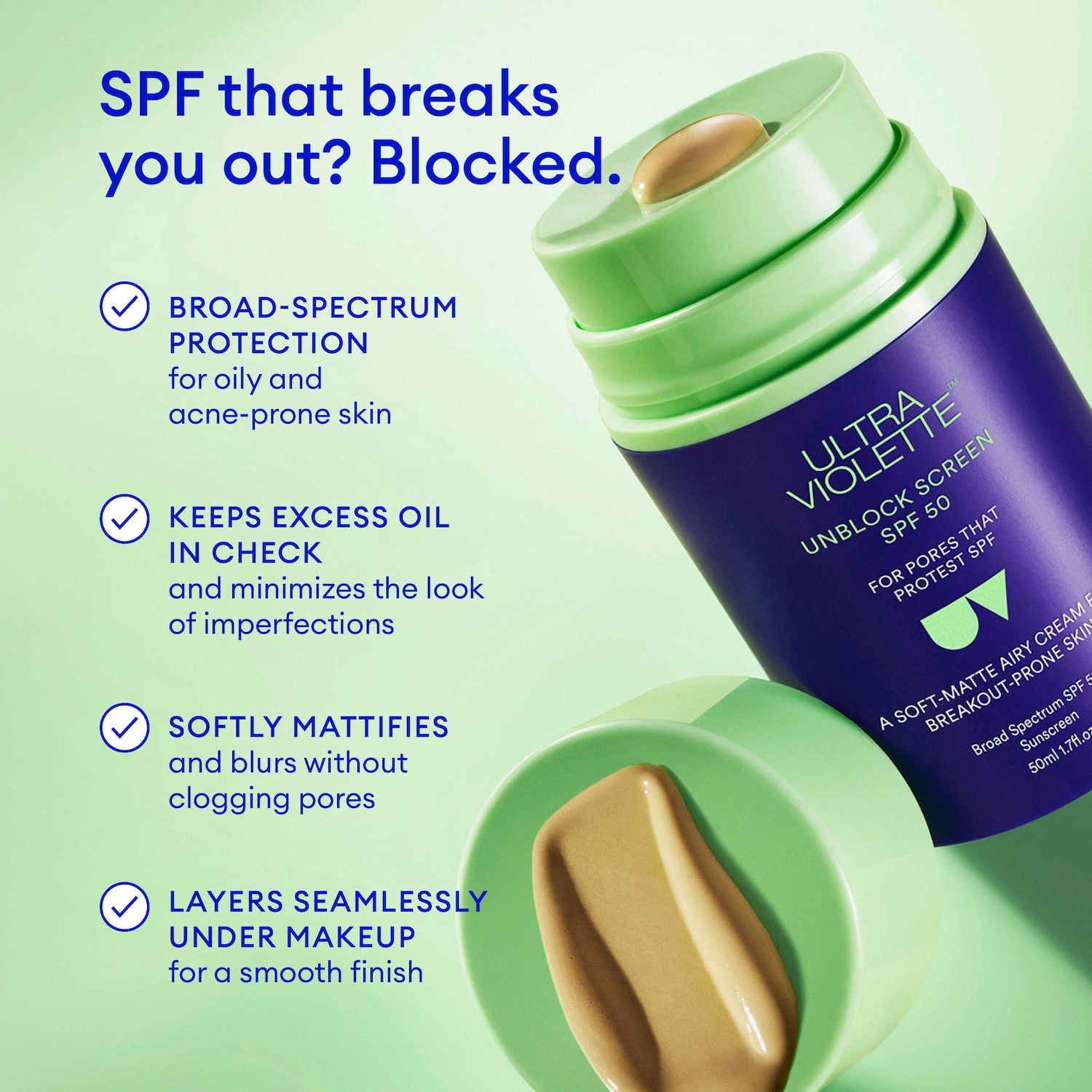 Солнцезащитный крем для лица Ultra Violette Unblock Screen SPF 50, не вызывает акне — фото 2